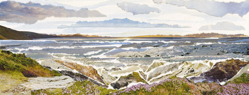 Scenic view of a coastal landscape with waves, rocks, and grass under a cloudy sky.