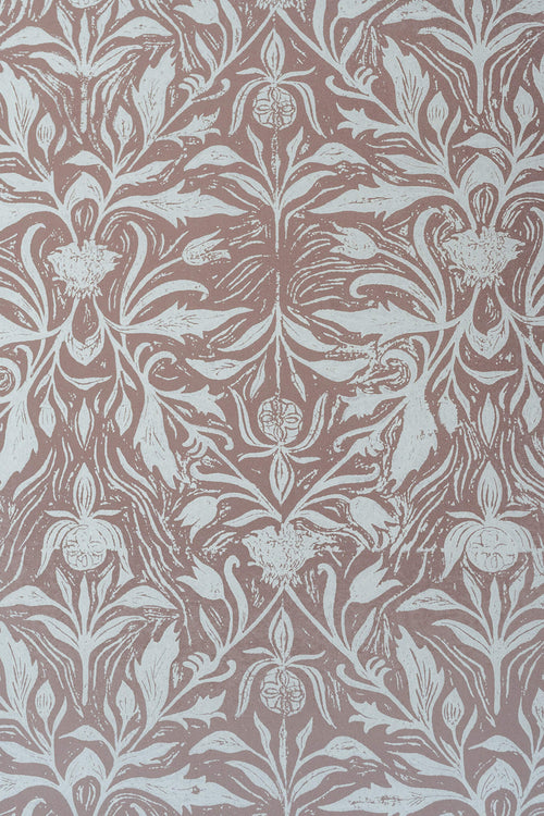 Decorative floral pattern with a pink and white color scheme on a textured background