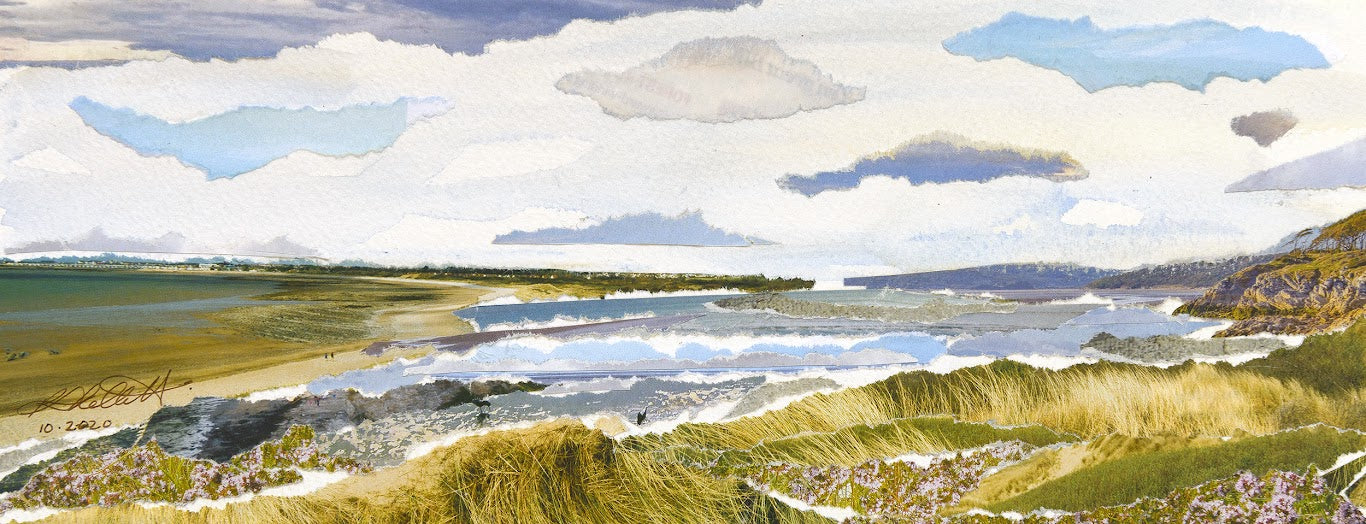Panoramic view of a coastal landscape with cliffs, sea, and sky.