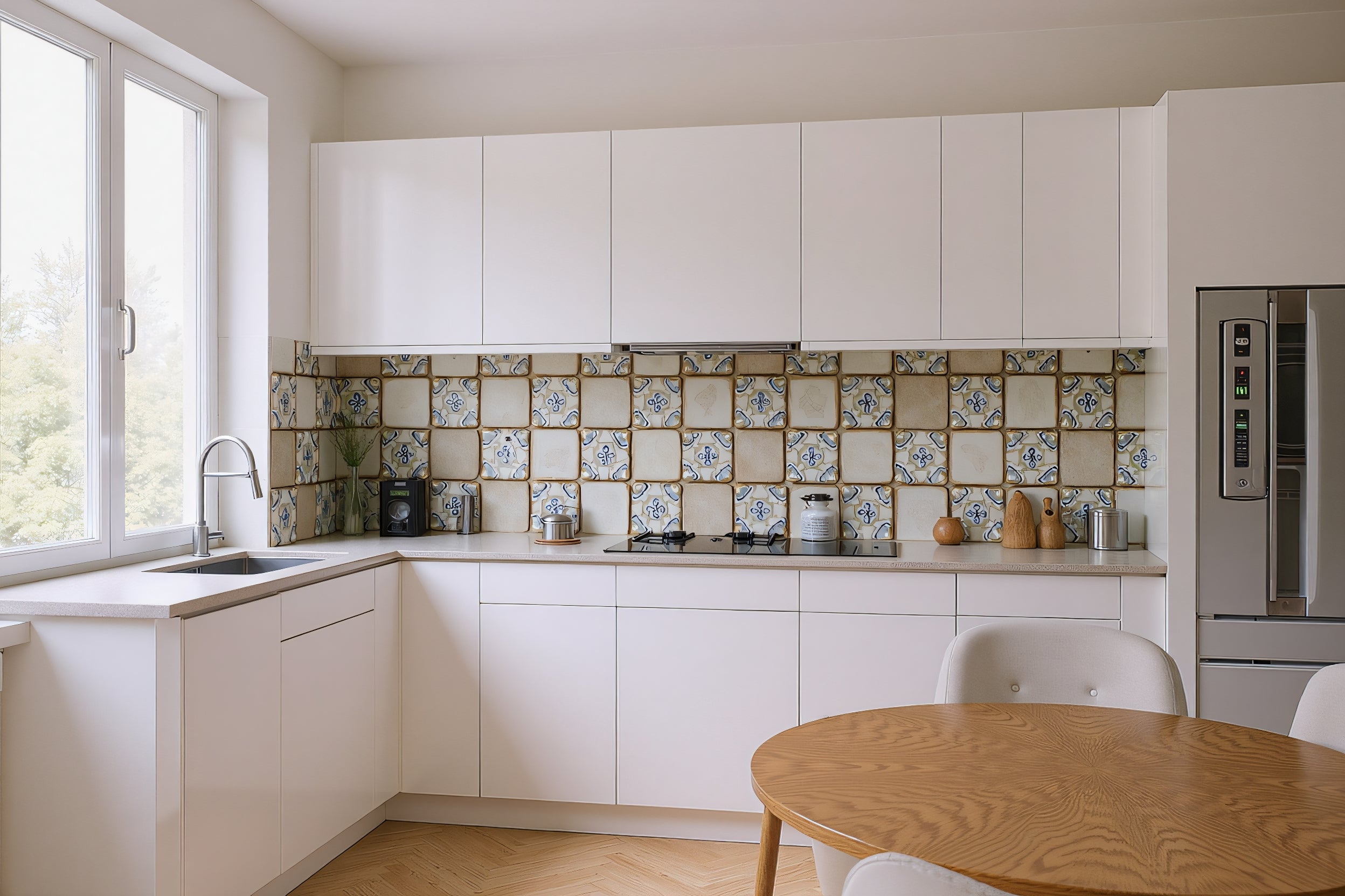 Modern kitchen with white cabinets, tiled backsplash, and wooden table.